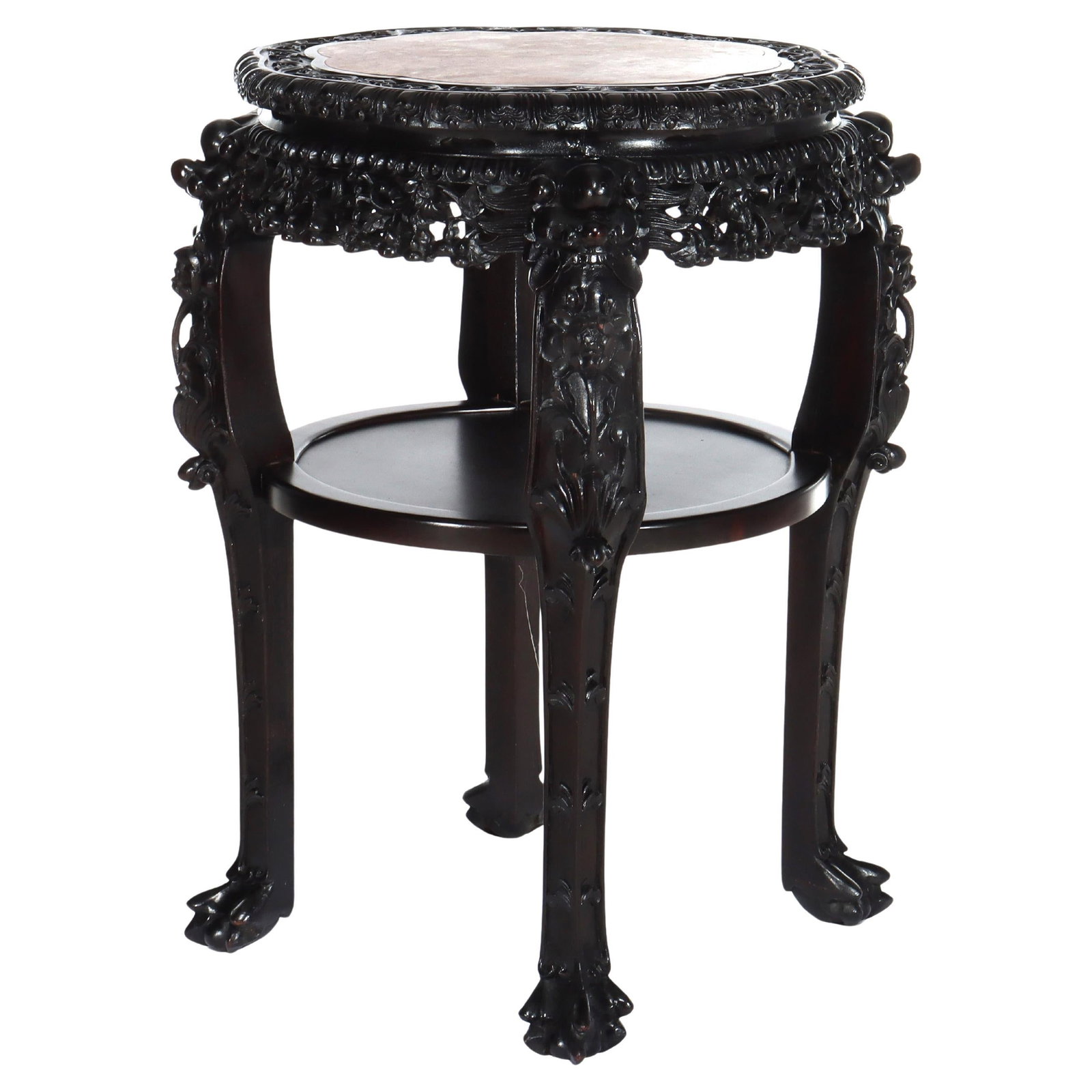 Rosewood Plant Stand with Floral Carvings and Rouge Marble Top Circa 1910: Rosewood Plant Stand with Floral Carvings and Rouge Marble Top Circa 1910 This early 20th century Chinese stand, dating to circa 1910, is crafted from rosewood and features intricate floral carvings. 