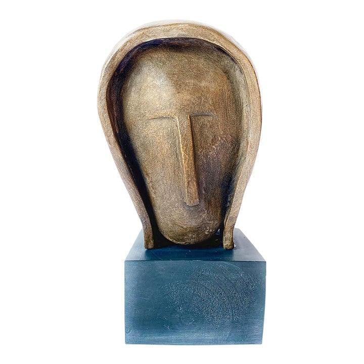 J Dersh Signed Modern Woman's Head Abstract Sculpture with Bronzed Finish: J Dersh Signed Modern Woman's Head Abstract Sculpture with Bronzed Finish This abstract sculpture depicts a woman's head and is signed by J. Dersh. Featuring minimalist lines and a bold geometric desi