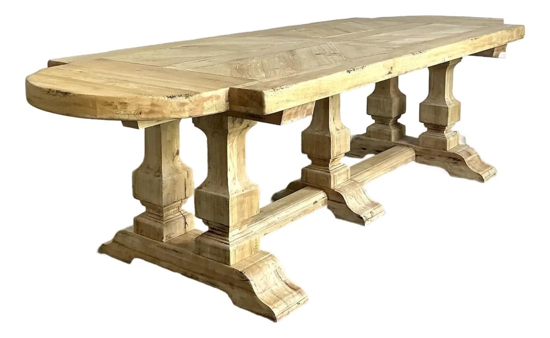 108 Inch French Style Distressed Wood Dining or Conference Table: 108 Inch French Style Distressed Wood Dining or Conference Table This vintage French refectory table showcases a robust and timeless boho-inspired design, crafted from thick natural wood with a sophis