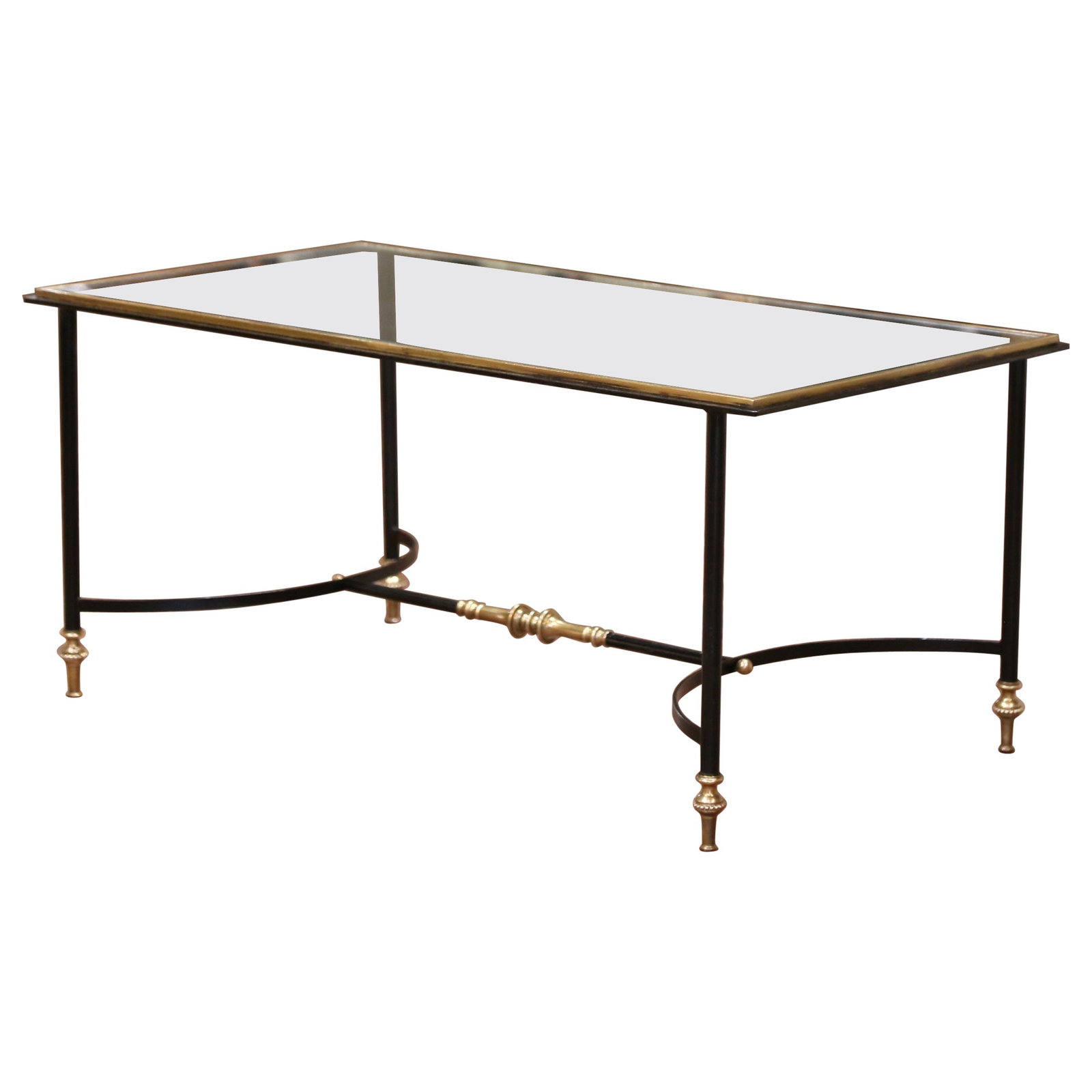French Art Deco Bronze and Glass Cocktail Table Attributed to Maison Bagues: French Art Deco Bronze and Glass Cocktail Table Attributed to Maison Bagues This mid-century French coffee table, attributed to Maison Bagues and crafted circa 1960, features a blackened steel and bro