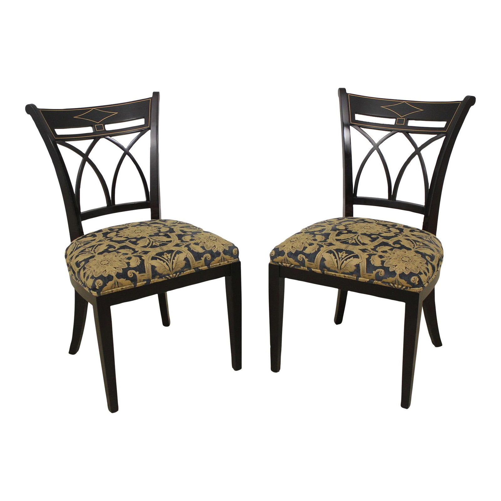 John Widdicomb Stickley Regency Side Chairs Blue Gold Upholstery Pair: John Widdicomb Stickley Regency Side Chairs Blue Gold Upholstery Pair This exquisite pair of John Widdicomb Stickley Regency side chairs showcases high-quality construction and a stunning design. With
