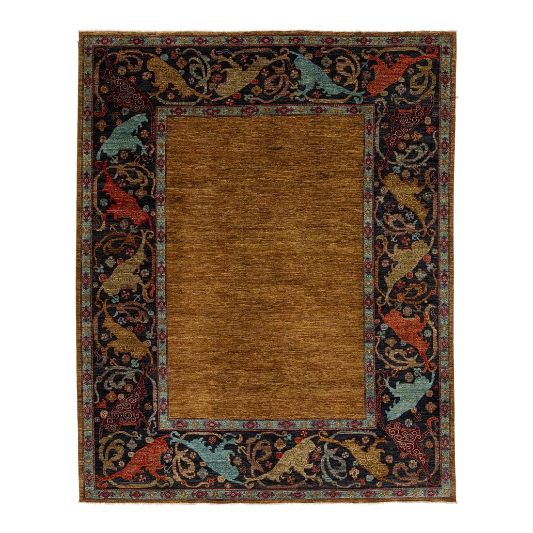 Hand-Knotted Wool Rug in Modern Bidjar Style 9'3 x 11'7 Golden Ochre and Navy: Hand-Knotted Wool Rug in Modern Bidjar Style 9'3 x 11'7 Golden Ochre and Navy This modern Bidjar style rug artfully blends traditional Persian motifs with a contemporary design. Hand-knotted from high