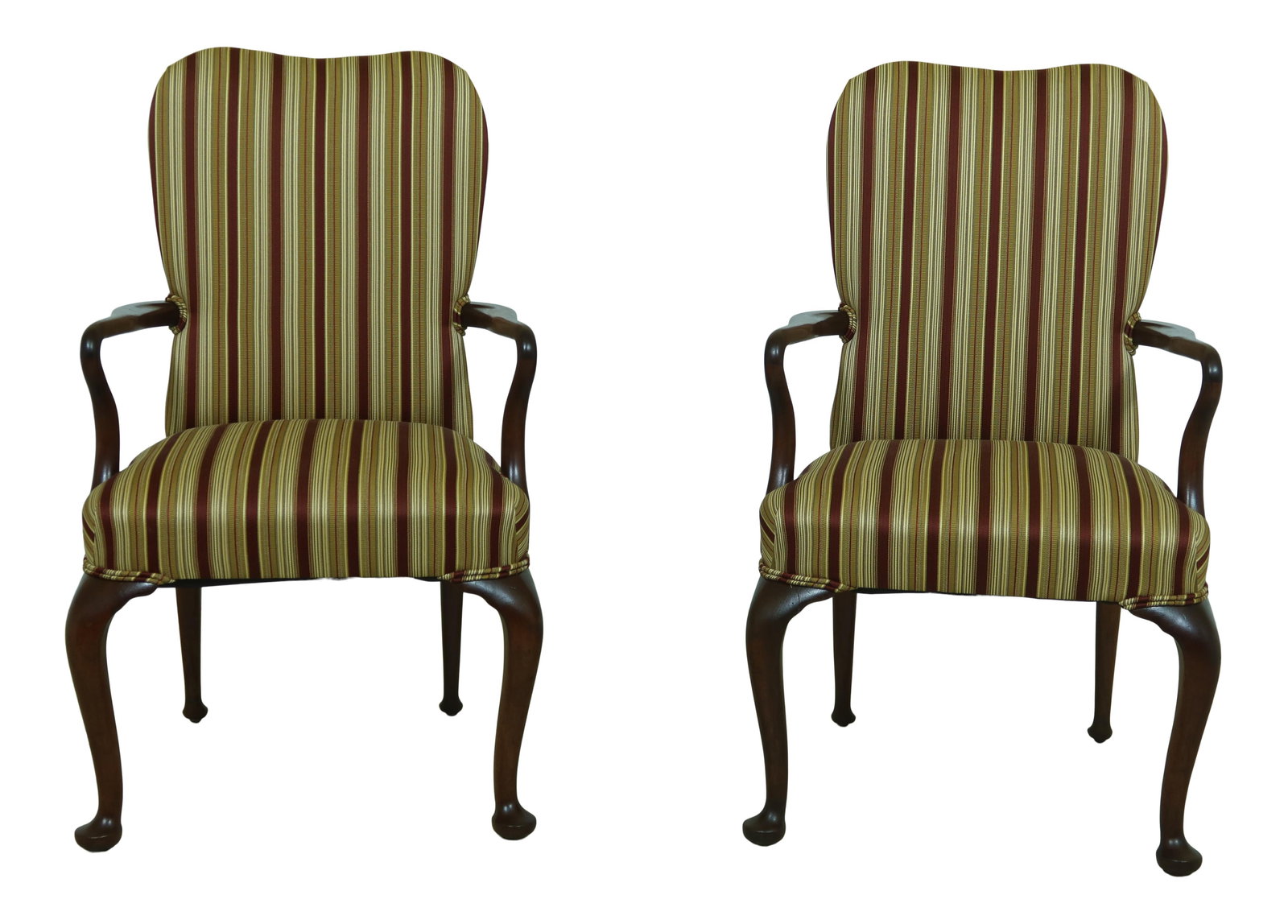 Elegant Pair of Queen Anne Solid Mahogany Armchairs: Elegant Pair of Queen Anne Solid Mahogany Armchairs This exquisite pair of Solid Mahogany Queen Anne upholstered armchairs showcases classic elegance and superior craftsmanship. Approximately 50 years