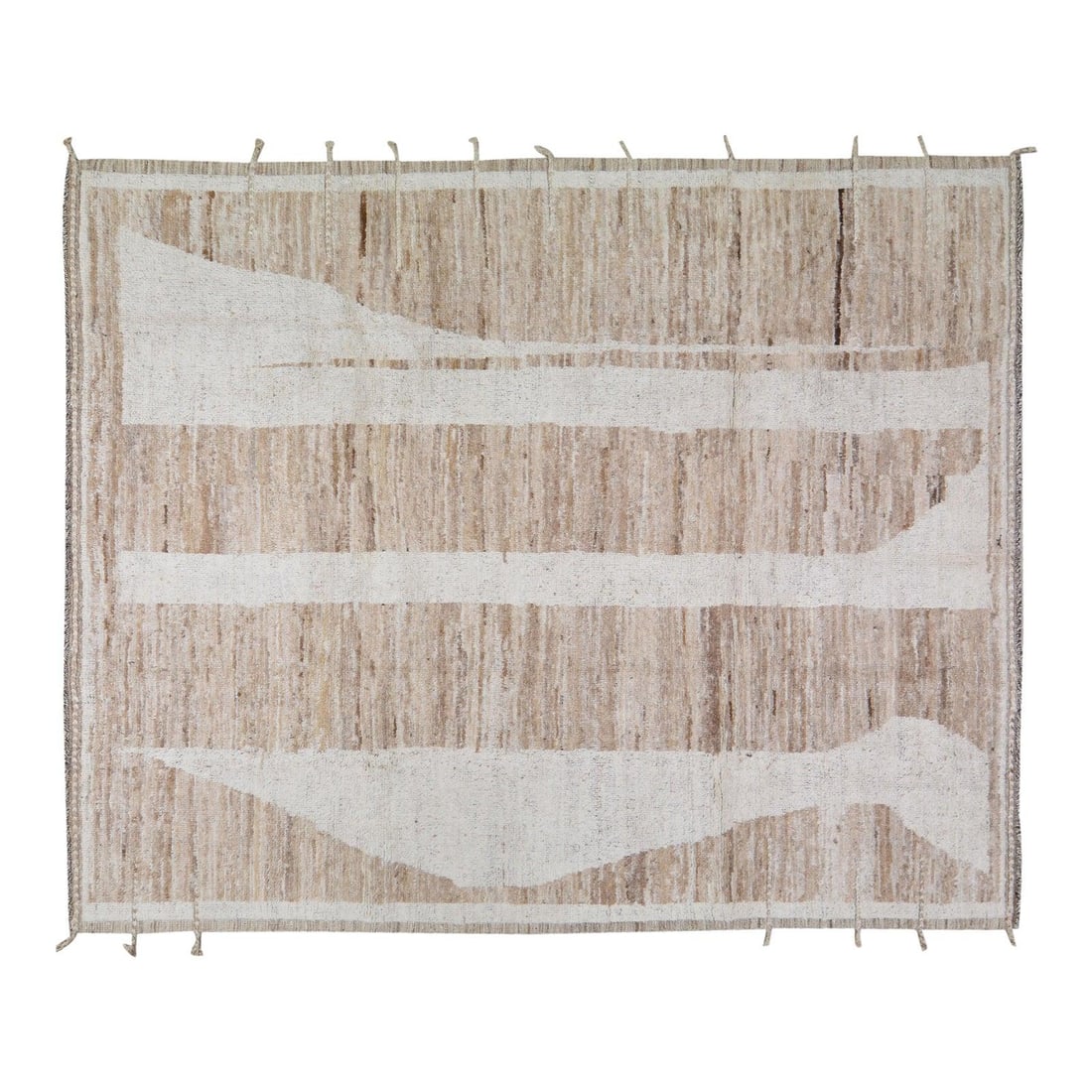 Tan Wool Area Rug Hand Knotted Moroccan Style 8'4" x 10'1": Tan Wool Area Rug Hand Knotted Moroccan Style 8'4" x 10'1" This Moroccan hand-knotted wool rug showcases traditional craftsmanship combined with a modern design sensibility. Expertly made using age-ol