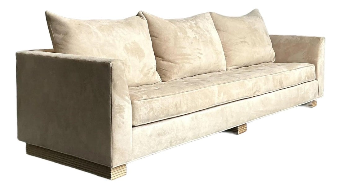 Beige Velvet Upholstered Sofa by Tomlinson for Judith Norman Bohemian Style: Beige Velvet Upholstered Sofa by Tomlinson for Judith Norman Bohemian Style This vintage sofa by Tomlinson for Judith Norman blends bohemian comfort with sophisticated design. It features a plush, tuf