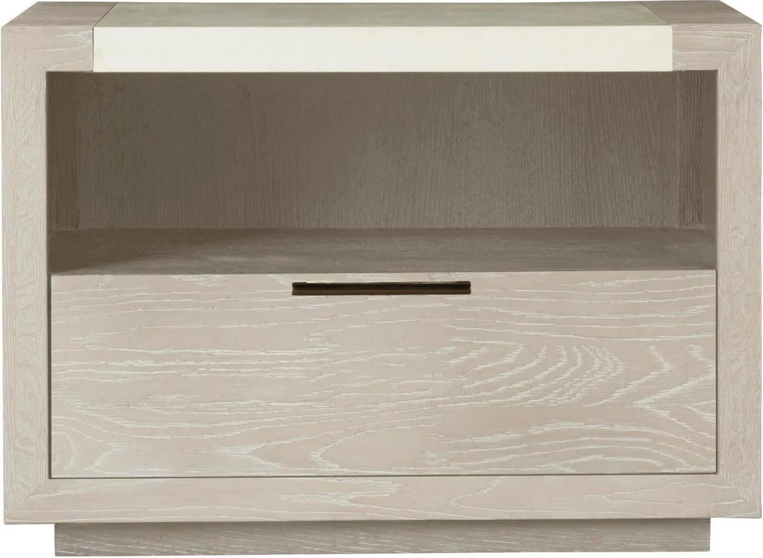 Universal Wilshire Nightstand Quartz Finish Modern Transitional Style: Universal Wilshire Nightstand Quartz Finish Modern Transitional Style The Wilshire Nightstand is a stunning addition to any modern bedroom, offering both style and functionality. This transitional-sty