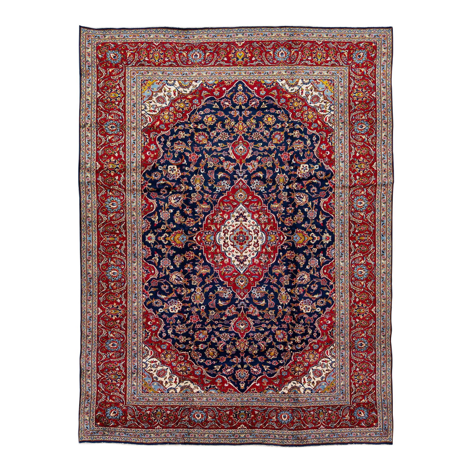 Antique Persian Kashan Handmade Wool Rug 10' x 13'3' Blue Floral Design: Antique Persian Kashan Handmade Wool Rug 10' x 13'3' Blue Floral Design This exquisite 1930s Antique Persian Kashan rug showcases a stunning hand-knotted wool construction in a rich navy blue color fi