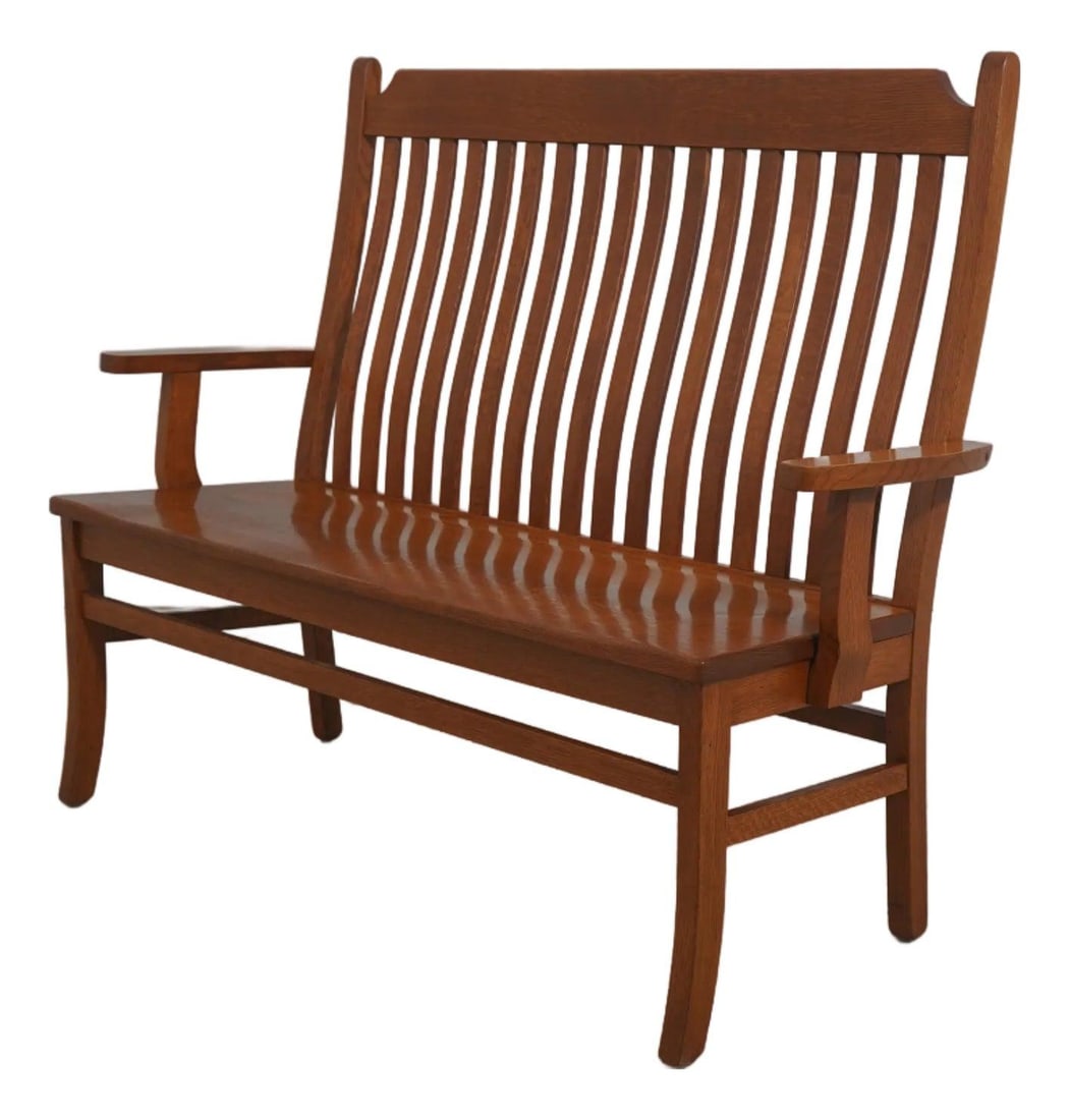Solid Oak Bench With Slat Back In Arts And Crafts Design: Solid Oak Bench With Slat Back In Arts And Crafts Design This Arts and Crafts style bench features solid oak construction with a slat back design. Crafted from quarter sawn oak, it offers quality craf