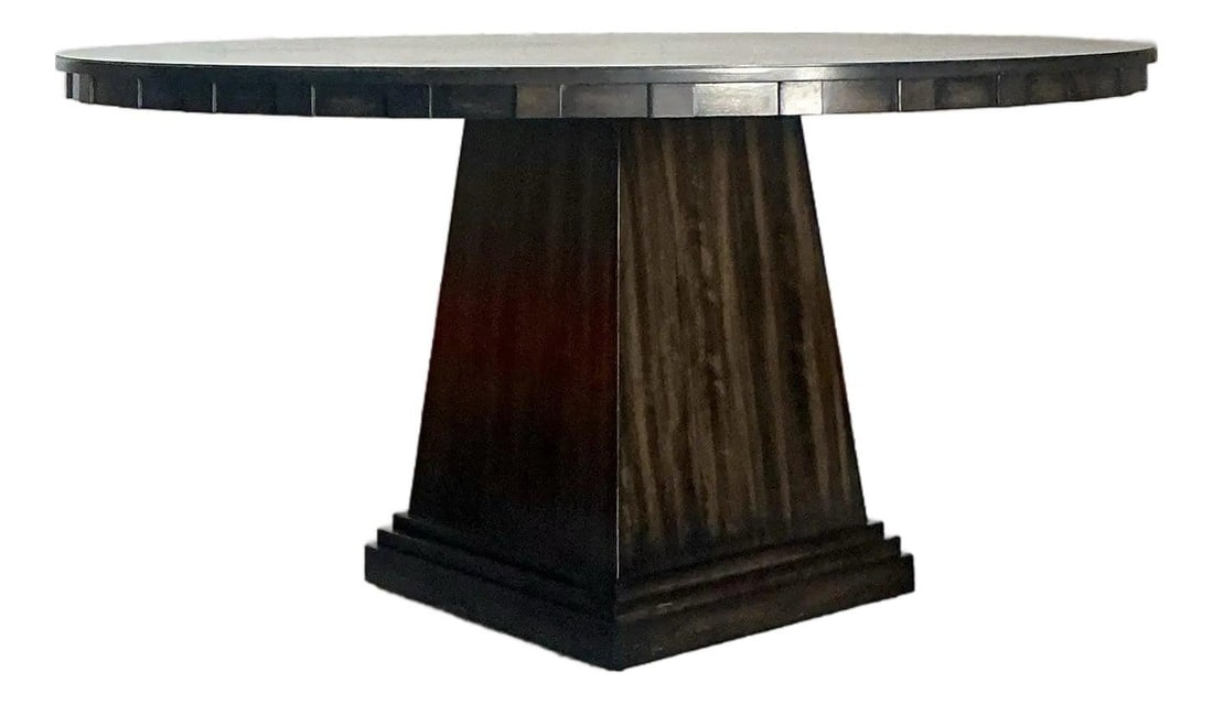 Round Satin Black Pedestal Dining Table With Dentil Edge By Vanguard: Round Satin Black Pedestal Dining Table With Dentil Edge By Vanguard This vintage round pedestal dining table by Vanguard Furniture features a generous 60-inch diameter top finished in a dramatic sati