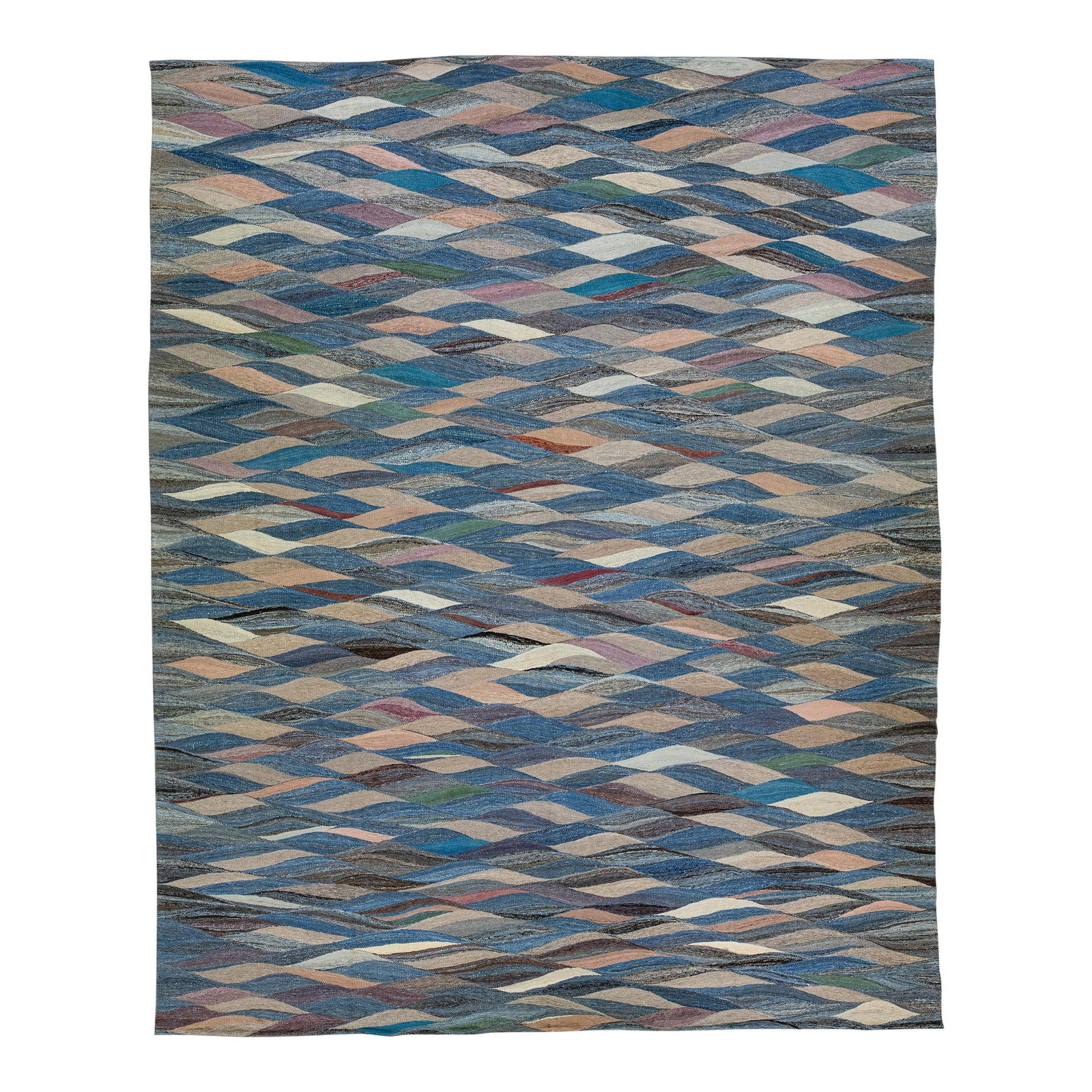 Oversize Blue Modern Abstract Wool Kilim Rug 11'8 x 14'6: Oversize Blue Modern Abstract Wool Kilim Rug 11'8 x 14'6 Enhance your living space with this stunning Blue Modern Abstract Flat-Weave Oversize Wool Rug. Handcrafted from premium wool, this Kilim rug f