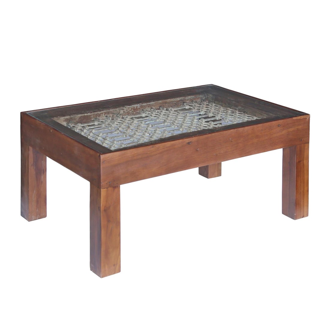 Indian Style Handcrafted Reclaimed Wood Coffee Table with Glass Top: Indian Style Handcrafted Reclaimed Wood Coffee Table with Glass Top This handcrafted coffee table showcases a unique blend of antique and vintage styles, expertly crafted from mixed reclaimed wood. Th