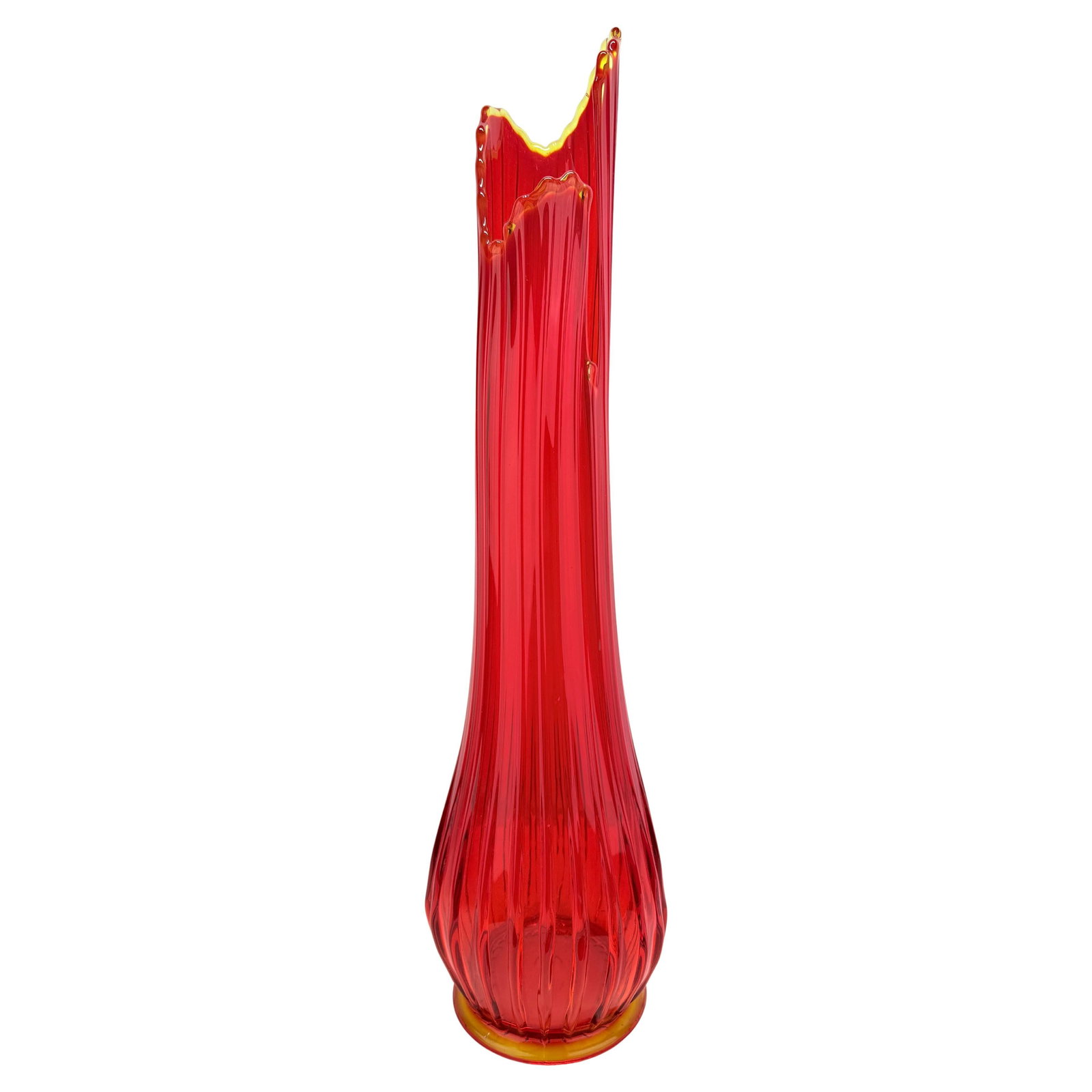 L.E. Smith Ruby Red Amberina Ribbed Swung Vase 25.25 in Mid-Century Modern: L.E. Smith Ruby Red Amberina Ribbed Swung Vase 25.25 in Mid-Century Modern This stunning vintage swung vase showcases the artistry of mid-century modern design with its impressive height of 25.25 inch