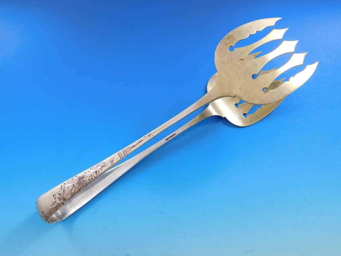Brite-Cut Sterling Silver Asparagus Tong 9.5 Gold Wash Monogrammed: Brite-Cut Sterling Silver Asparagus Tong 9.5 Gold Wash Monogrammed This exquisite asparagus tong features a beautiful Brite-Cut design in sterling silver with a gold-washed finish. Measuring 9 1/2"