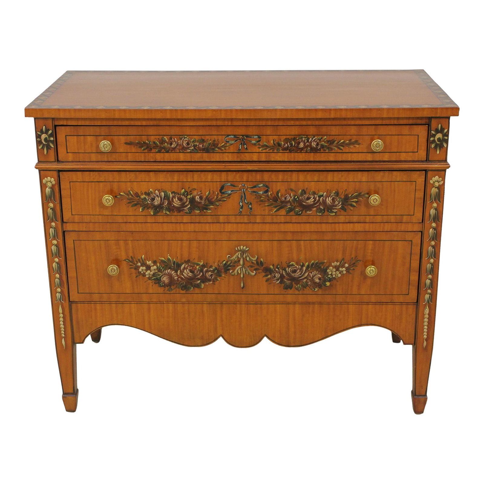 Maitland Smith Satinwood Chest with Stunning Paint Decor: Maitland Smith Satinwood Chest with Stunning Paint Decor This elegant Maitland Smith Adams chest features a stunning paint-decorated design on satinwood, embodying classic English style. Constructed w