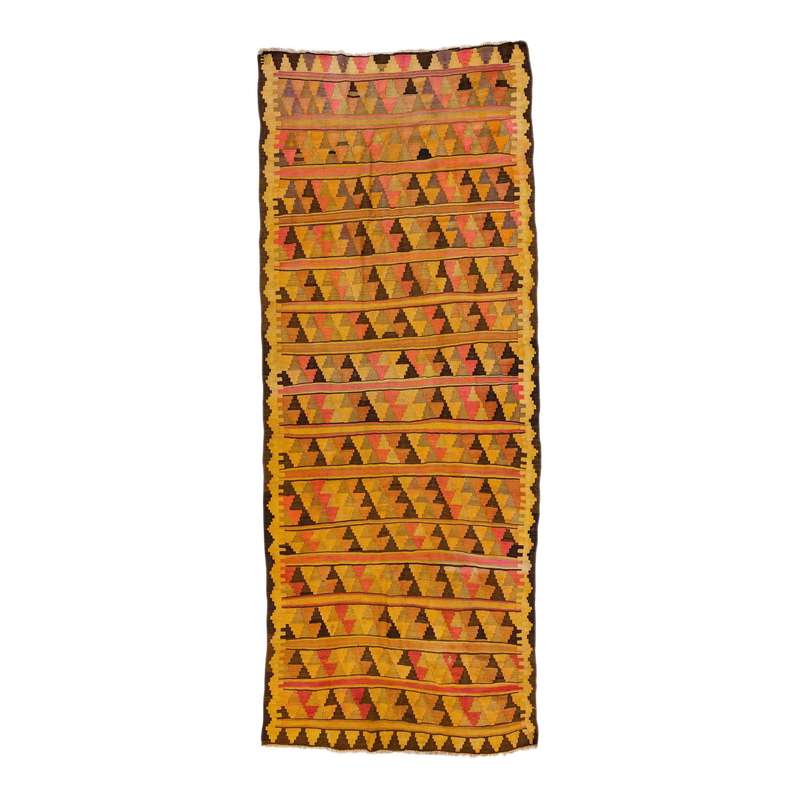 1960s Handmade Turkish Kilim Wool Runner Orange Tribal Design 5'1" x 12'8": 1960s Handmade Turkish Kilim Wool Runner Orange Tribal Design 5'1" x 12'8" This stunning vintage Turkish Kilim runner showcases exquisite craftsmanship, featuring a vibrant orange field beautifully co