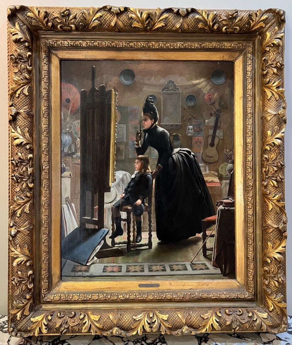19th Century Oil Painting by Charles Rousseau 'At the Gallery with Son': 19th Century Oil Painting by Charles Rousseau 'At the Gallery with Son' Discover a stunning 19th-century oil painting by the renowned Belgian artist Charles Rousseau, who is listed as an influential f