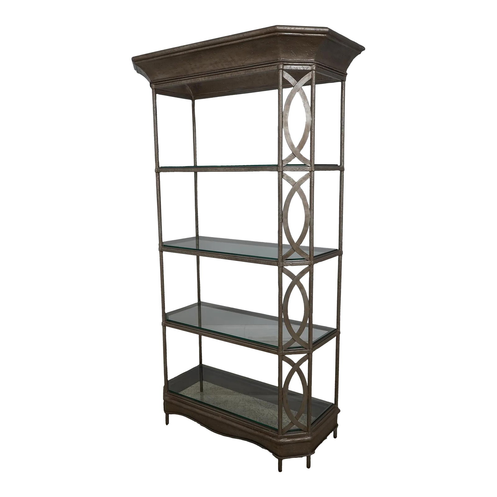 Textured Silver Iron Steel Curio Shelf 20 Years Old: Textured Silver Iron Steel Curio Shelf 20 Years Old This elegant Silver Finish Decorative Iron & Steel Curio Shelf boasts a sturdy construction, featuring glass shelves that provide ample space for di