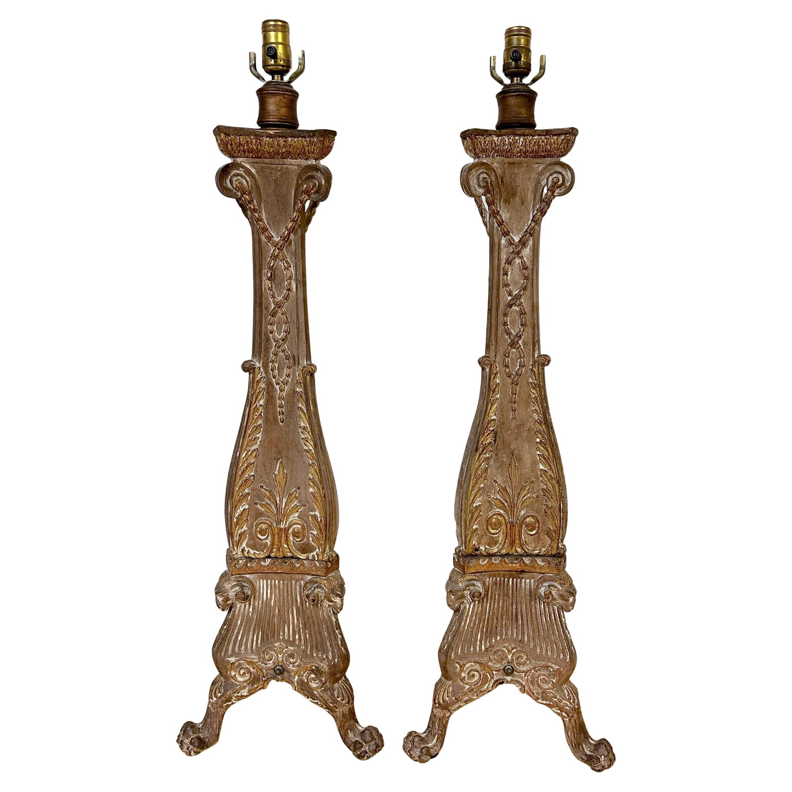 19th Century Adam Style Electrified Pine Candlestick Lamps Set of 2: 19th Century Adam Style Electrified Pine Candlestick Lamps Set of 2 This exquisite pair of 19th-century English carved pine and gilt pricket candlesticks has been expertly transformed into electrified