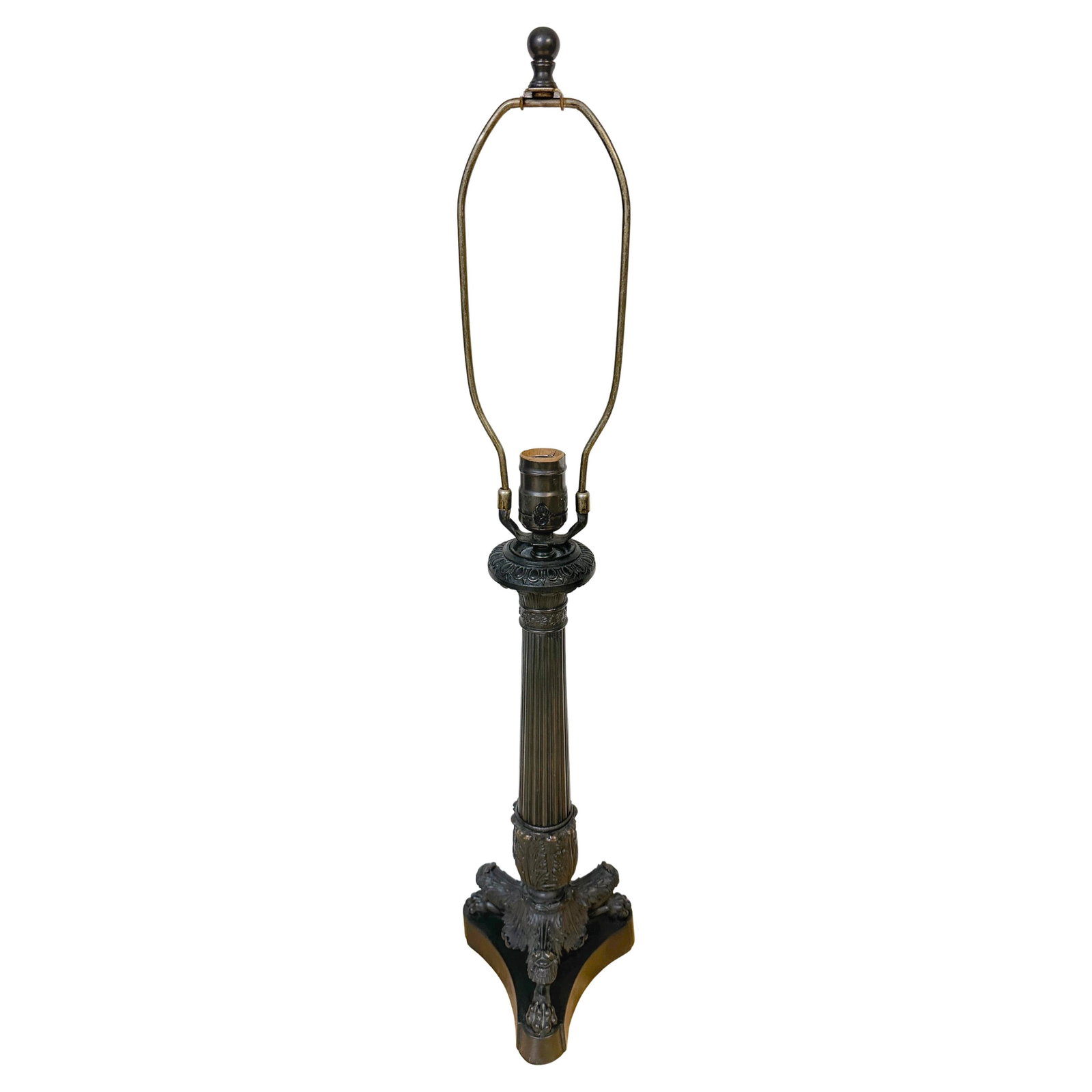 Charles X Style Patinated Bronze Candlestick Lamp with Paw Feet: Charles X Style Patinated Bronze Candlestick Lamp with Paw Feet This exquisite Charles X-style patinated bronze candlestick lamp embodies the elegance of classical French design. Featuring a fluted co