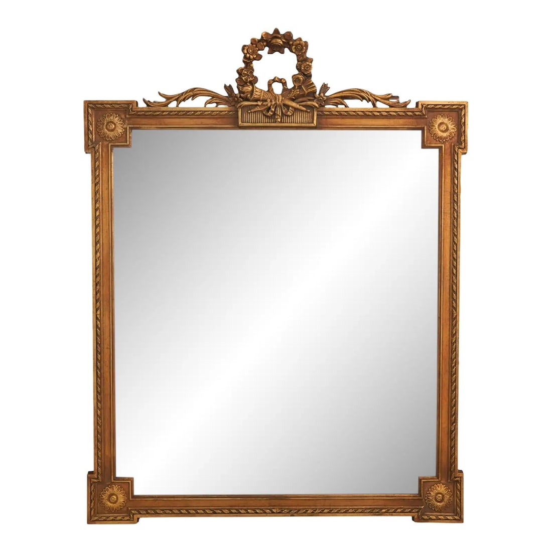 French Inspired Ornate Giltwood Wall Mirror with Floral Carved Frame 37W x 48H: French Inspired Ornate Giltwood Wall Mirror with Floral Carved Frame 37W x 48H This French style wall mirror features a finely carved giltwood frame with ornate floral motifs. The mirror is approximat