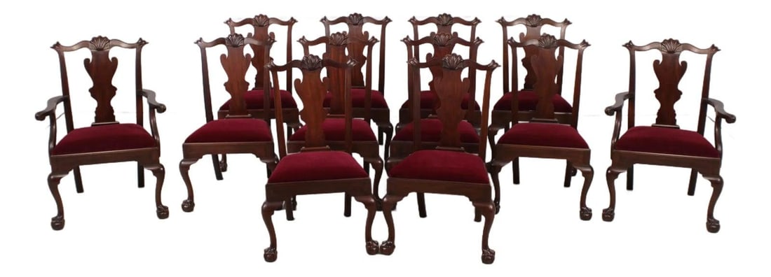 Set of 12 Mahogany Chippendale Style Dining Chairs with Ball and Claw Feet: Set of 12 Mahogany Chippendale Style Dining Chairs with Ball and Claw Feet This set of 12 Henkel Harris dining room chairs features high-quality mahogany construction with a traditional Chippendale de