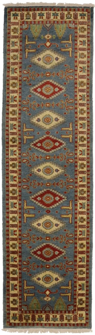 Tribal Geometric Wool Runner Rug 2'8 x 9'10 Hand-Knotted Modern Design: Tribal Geometric Wool Runner Rug 2'8 x 9'10 Hand-Knotted Modern Design This handmade tribal Kazak runner rug features a geometric pattern in blue-gray, cream, rusty red, gold, brown, olive, and light 