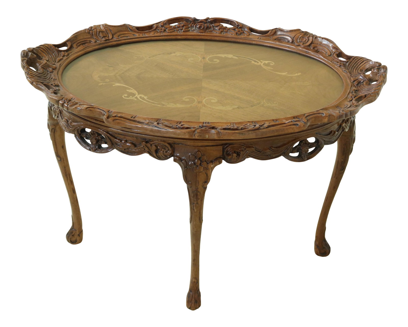 1930s French Mahogany Inlaid Coffee Table with Removable Tray: 1930s French Mahogany Inlaid Coffee Table with Removable Tray This exquisite vintage coffee table from the 1930s showcases quality construction with beautiful inlay work, reflecting classic French sty