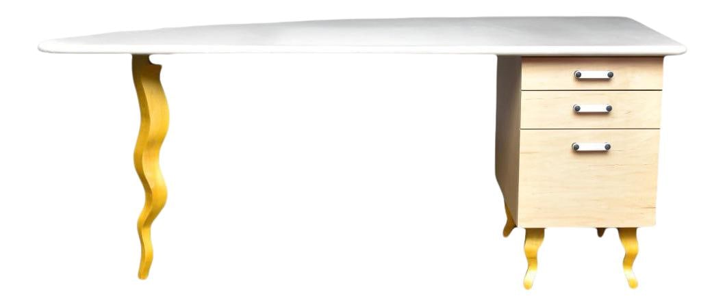 Hawley Company Memphis Style Desk White Maple Leather Top: Hawley Company Memphis Style Desk White Maple Leather Top This striking Memphis style desk combines functionality with an artistic flair, crafted from high-quality maple and featuring a luxurious leat