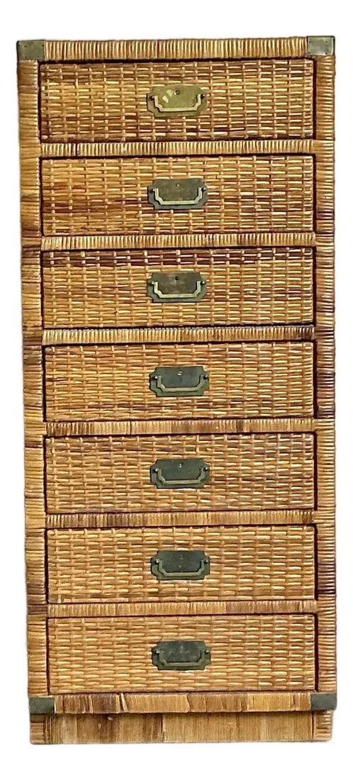 Tall Six-Drawer Rattan Chest with Brass Accents Boho Coastal Style: Tall Six-Drawer Rattan Chest with Brass Accents Boho Coastal Style This vintage tall chest of drawers embodies the Post-1970s tropical and coastal design, featuring a structure clad in woven rattan an