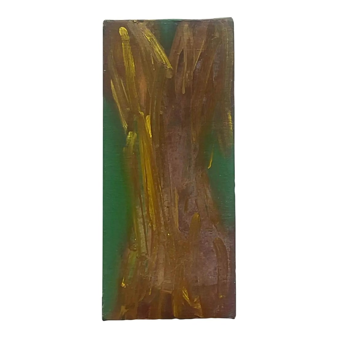 Abstract Green and Gold Canvas Artwork by Russell Christoffersen: Abstract Green and Gold Canvas Artwork by Russell Christoffersen This vintage abstract painting by Russell Christoffersen features a dynamic blend of green and gold tones. The artist's signature bold 