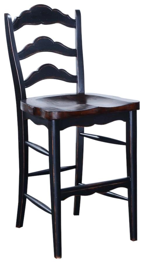 Rustic Colonial Ladder Back Counter Stool Solid Wood Blackwash Finish: Rustic Colonial Ladder Back Counter Stool Solid Wood Blackwash Finish Embrace rustic charm with this Colonial Ladder Back Stool, crafted with solid wood and finished in an antique blackwash. This styl