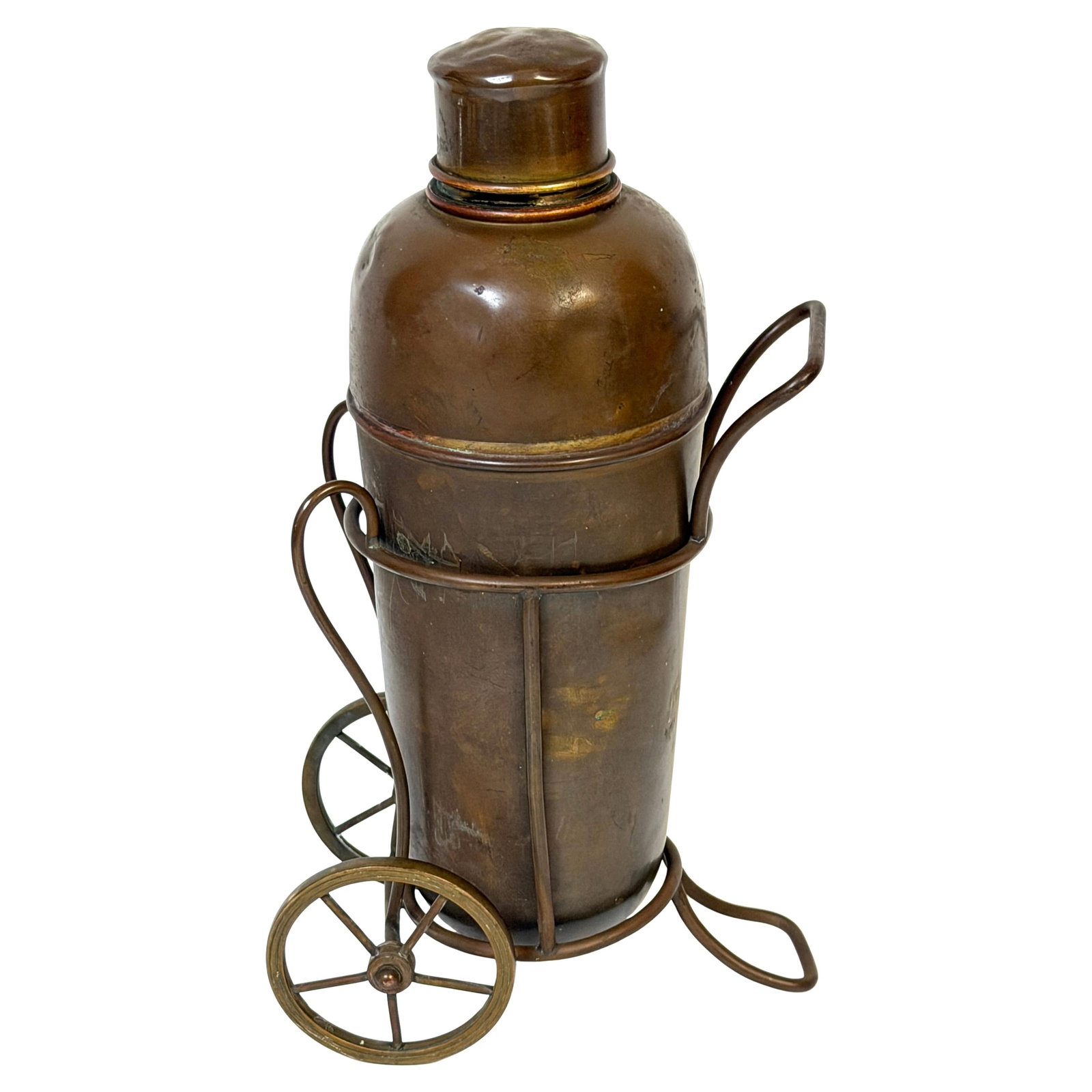 Set of Copper Cocktail Shaker and Wheeled Caddy Italy 1925-1935 Industrial Design: Set of Copper Cocktail Shaker and Wheeled Caddy Italy 1925-1935 Industrial Design This Italian Industrial cocktail shaker and wheeled caddy set dates from 1925 to 1935 and showcases the craftsmanship 