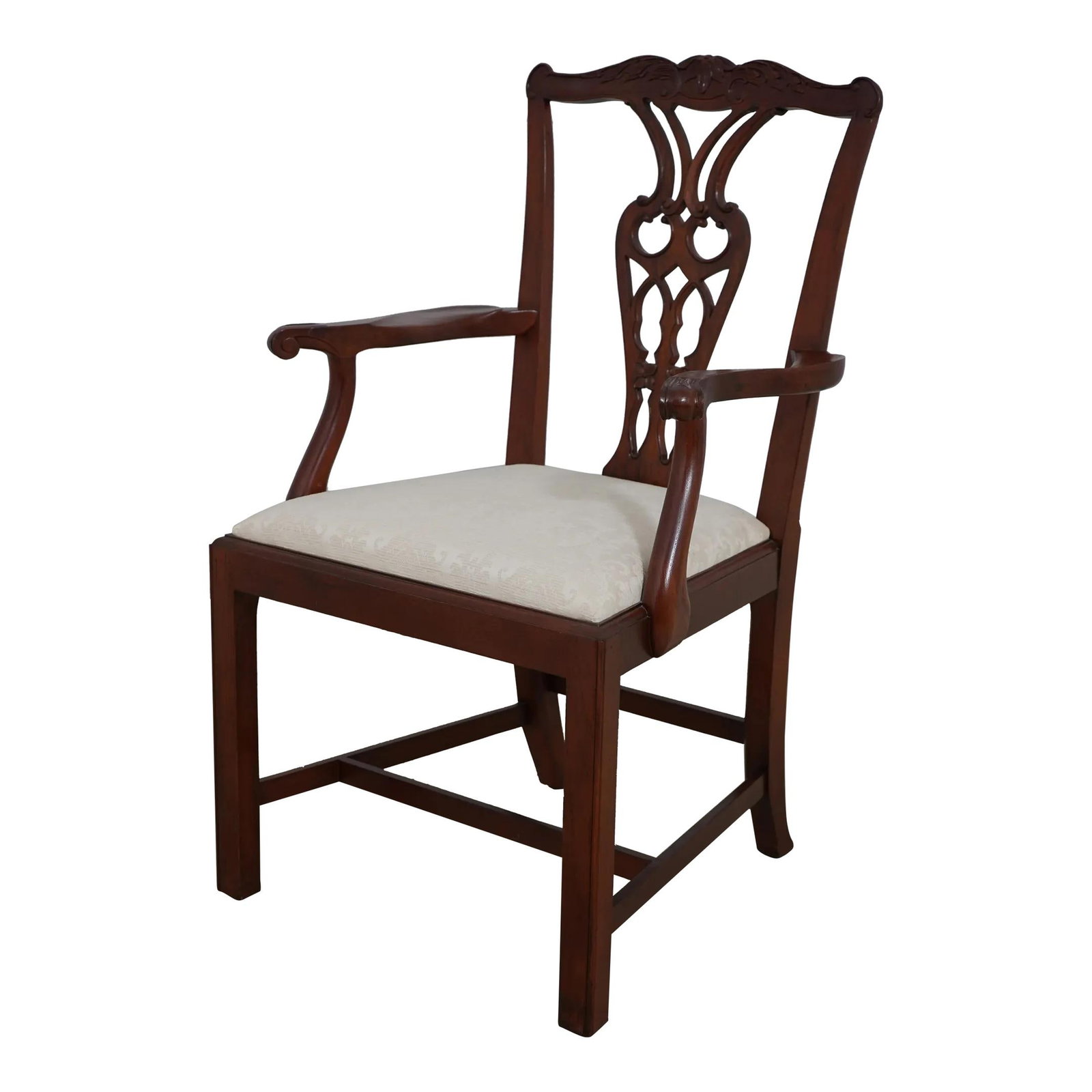 Baker Chippendale Mahogany Open Armchair with Damask Upholstery: Baker Chippendale Mahogany Open Armchair with Damask Upholstery This exquisite Baker Chippendale Mahogany Open Armchair showcases fine carved details and high-quality construction, reflecting the eleg