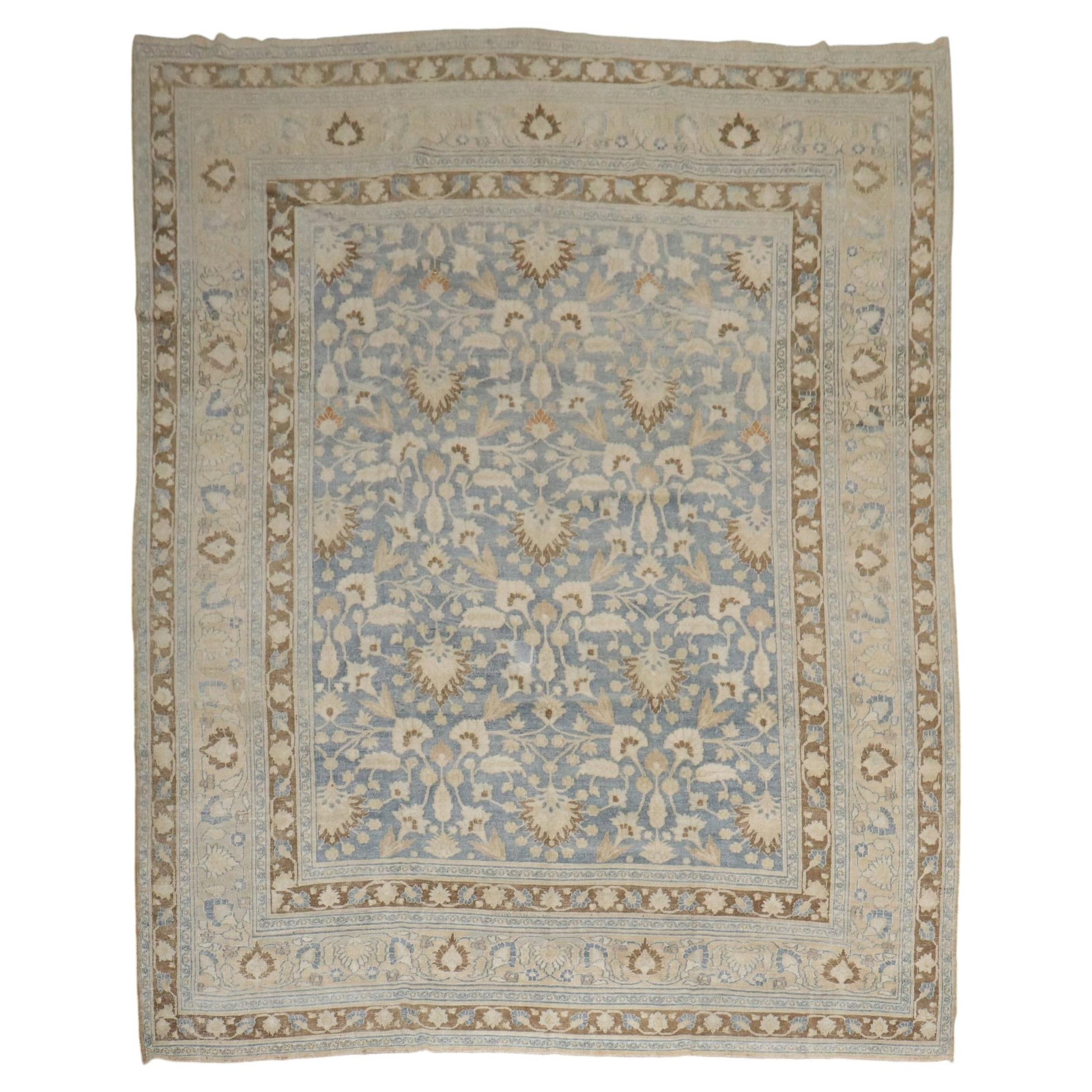 Early 20th Century Persian Meshed Wool Rug in Light Blue 10'1 x 12'10: Early 20th Century Persian Meshed Wool Rug in Light Blue 10'1 x 12'10 This early 20th-century Persian Meshed rug features an all-over formal design on a light blue field. Hand-knotted from high-qualit