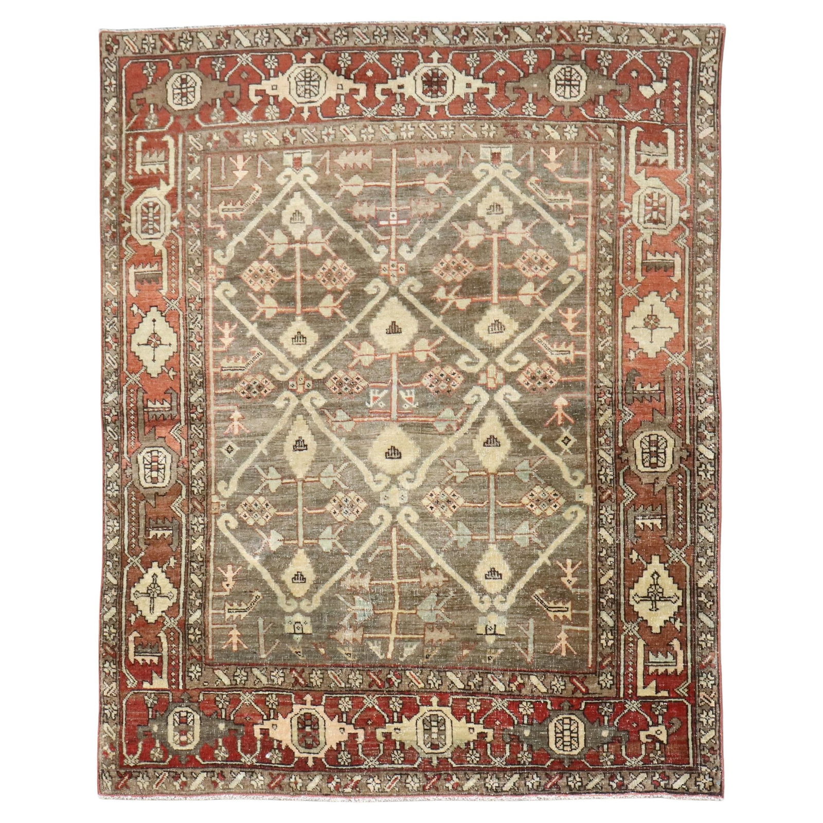 Antique Persian Heriz Rug Green Brown Hand-Woven 20th Century 4'4" x 5'7": Antique Persian Heriz Rug Green Brown Hand-Woven 20th Century 4'4" x 5'7" This exquisite Persian Heriz rug, part of the Zabihi Collection, features a captivating all-over design in rich greens and bro