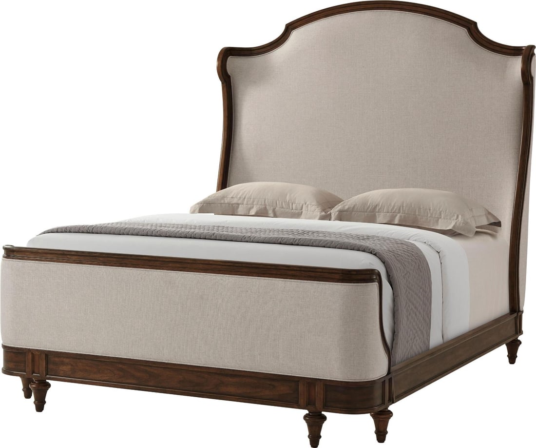 Theodore Alexander Queen Bed with Upholstered Headboard Distressed Finish: Theodore Alexander Queen Bed with Upholstered Headboard Distressed Finish Introducing a stunning queen-size bed featuring a beautifully upholstered headboard designed in a vintage style. Crafted from 