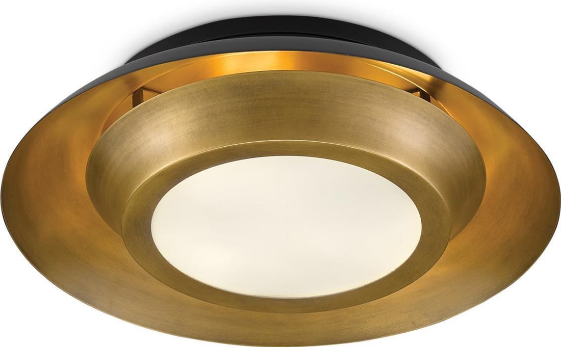 Metaphor Collection Brass Flush Mount Light With Frosted Glass Diffuser: Metaphor Collection Brass Flush Mount Light With Frosted Glass Diffuser This ceiling light features a flush mount design crafted from brass and glass, finished in antique brass with a frosted glass di