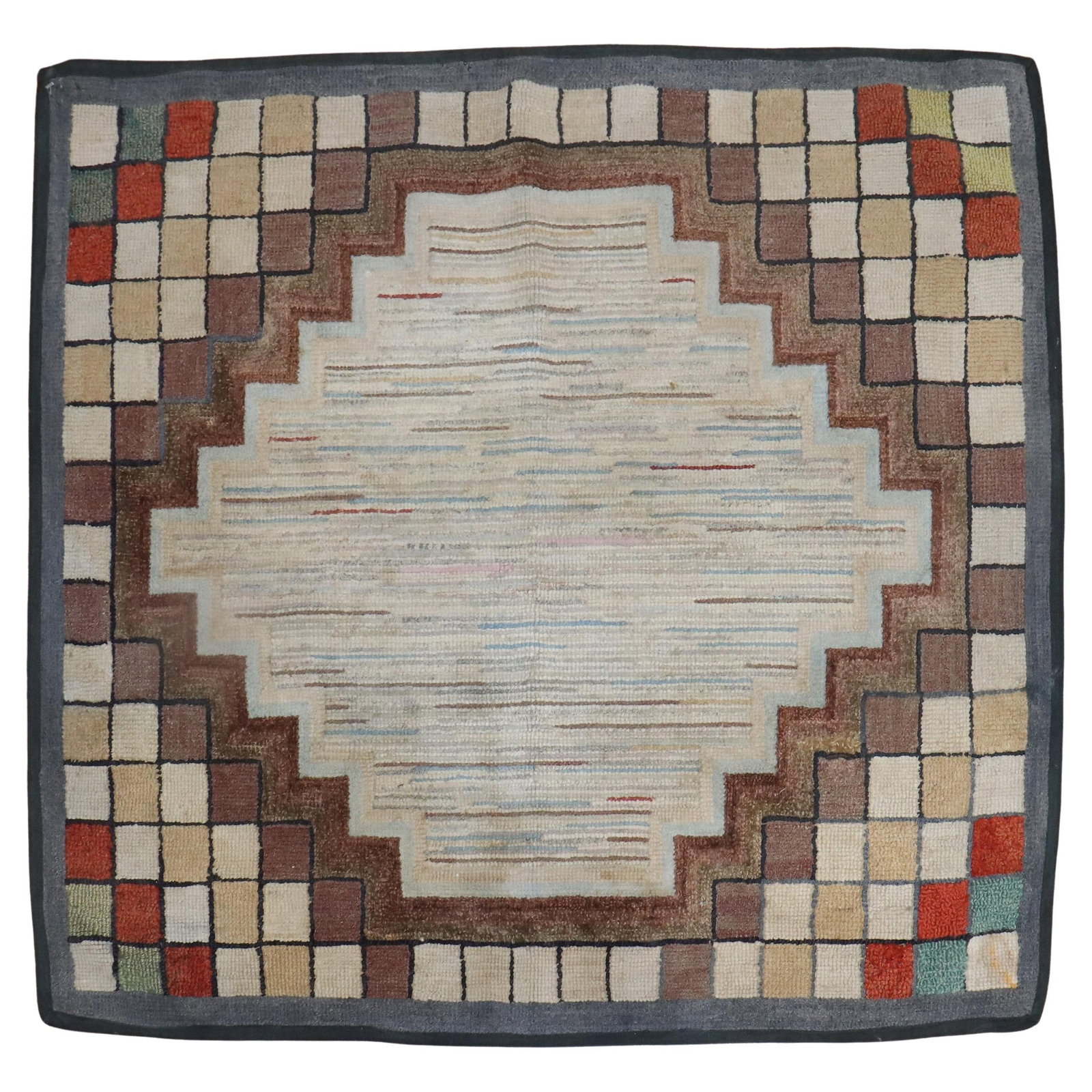 Mid-Century American Tribal Hooked Rug 34 x 38 Hand-Woven Jute Wool: Mid-Century American Tribal Hooked Rug 34 x 38 Hand-Woven Jute Wool Experience the charm of this mid-20th century Tribal American Hooked Rug, a stunning decorative piece that effortlessly enhances any