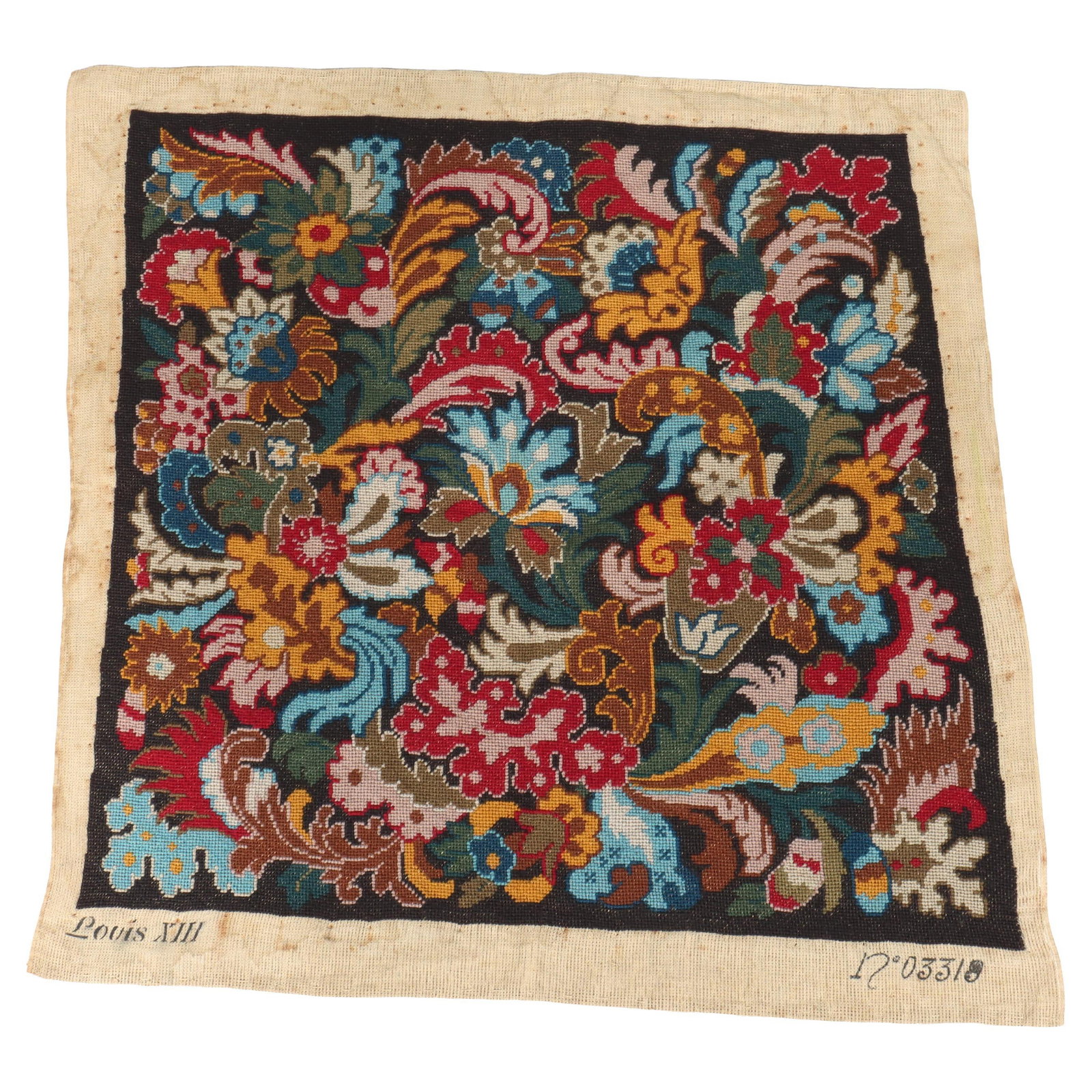 19th Century French Needlepoint Wall Tapestry With Floral and Acanthus Motifs: 19th Century French Needlepoint Wall Tapestry With Floral and Acanthus Motifs This is an antique French Louis XIII floral needlepoint tapestry from the 19th century, featuring intricate designs of flo