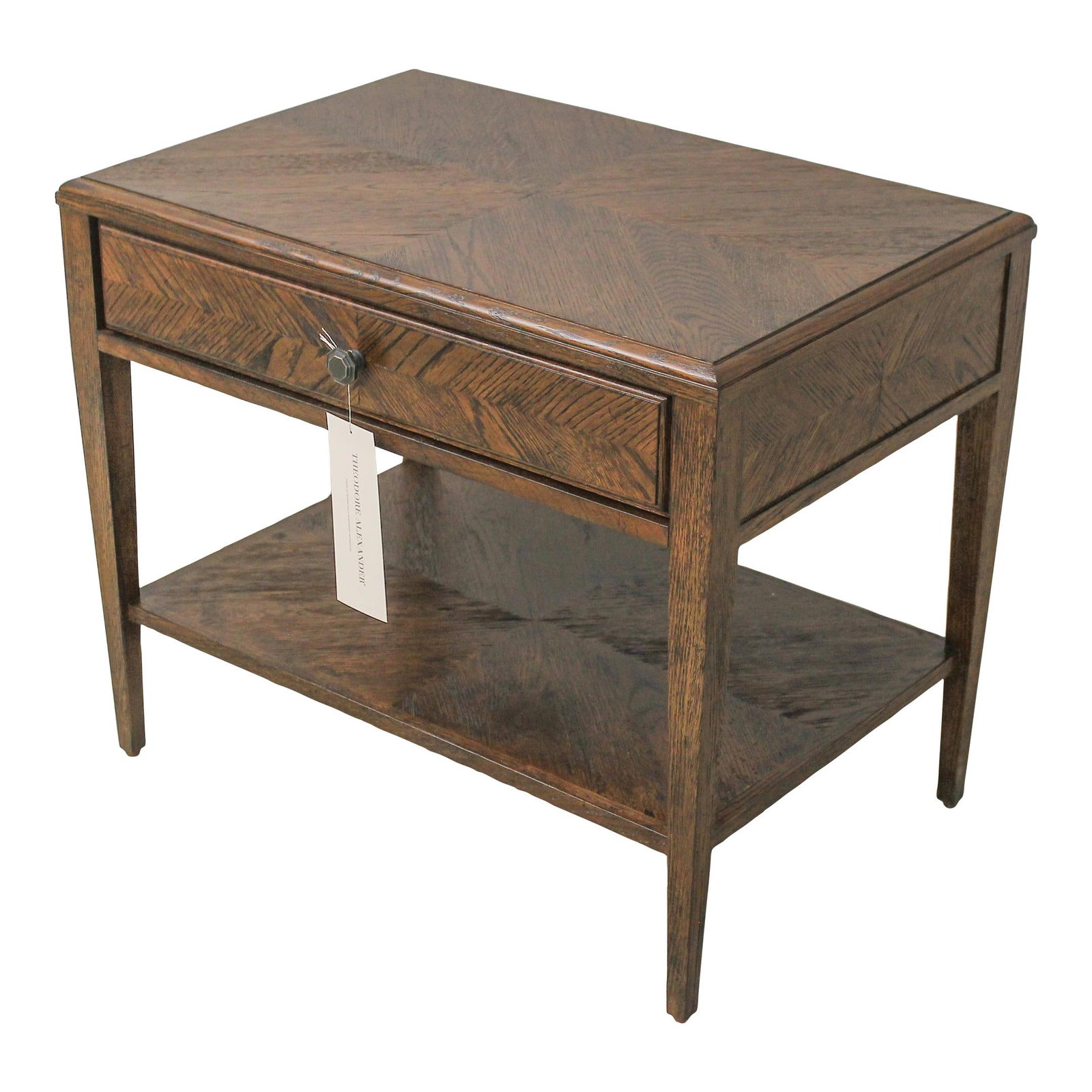 Theodore Alexander Modern Oak Nightstand with Soft Close Drawer: Theodore Alexander Modern Oak Nightstand with Soft Close Drawer This Theodore Alexander oak nightstand features a modern design with a factory distressed finish, showcasing its quality construction an