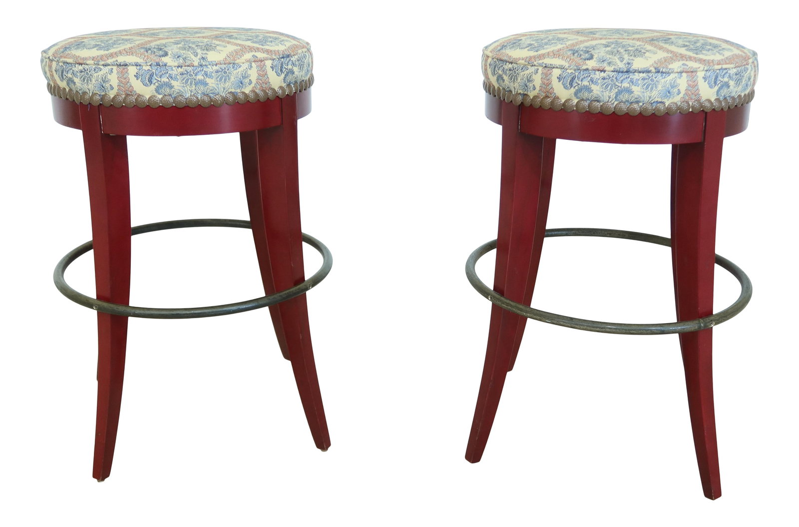 Swaim Red Lacquer Bar Stools Pair with Upholstered Seats: Swaim Red Lacquer Bar Stools Pair with Upholstered Seats Enhance your dining or bar area with this stylish pair of Swaim Round Red Lacquer Counter Bar Chair Stools. These stools feature high-quality c