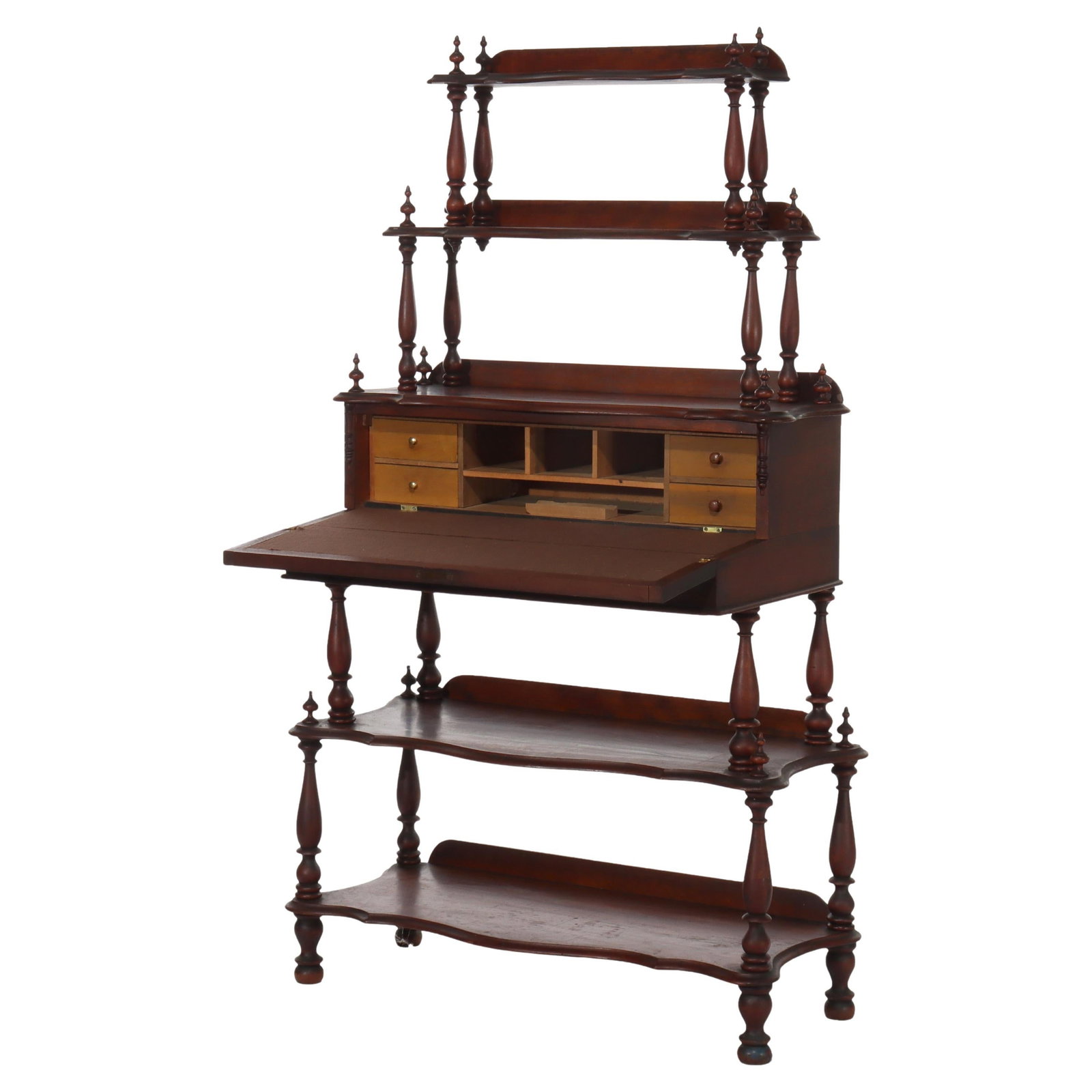 Victorian Rococo Revival Walnut Etagere C1890 with Drop Front: Victorian Rococo Revival Walnut Etagere C1890 with Drop Front This Victorian Rococo Revival walnut drop front etagere, dating back to circa 1890, is a stunning example of late 19th-century furniture d