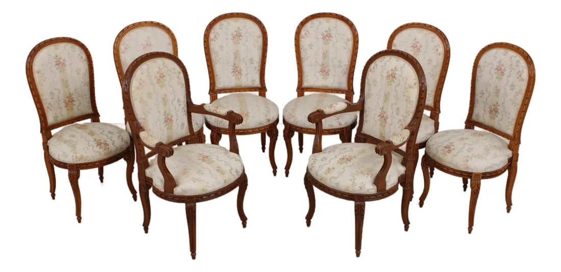 Set of Eight Walnut Louis XIV Style Dining Chairs Upholstered Circa 1930s: Set of Eight Walnut Louis XIV Style Dining Chairs Upholstered Circa 1930s This set of 8 dining chairs features classic French Louis XIV style with elegantly carved walnut frames and quality constructi