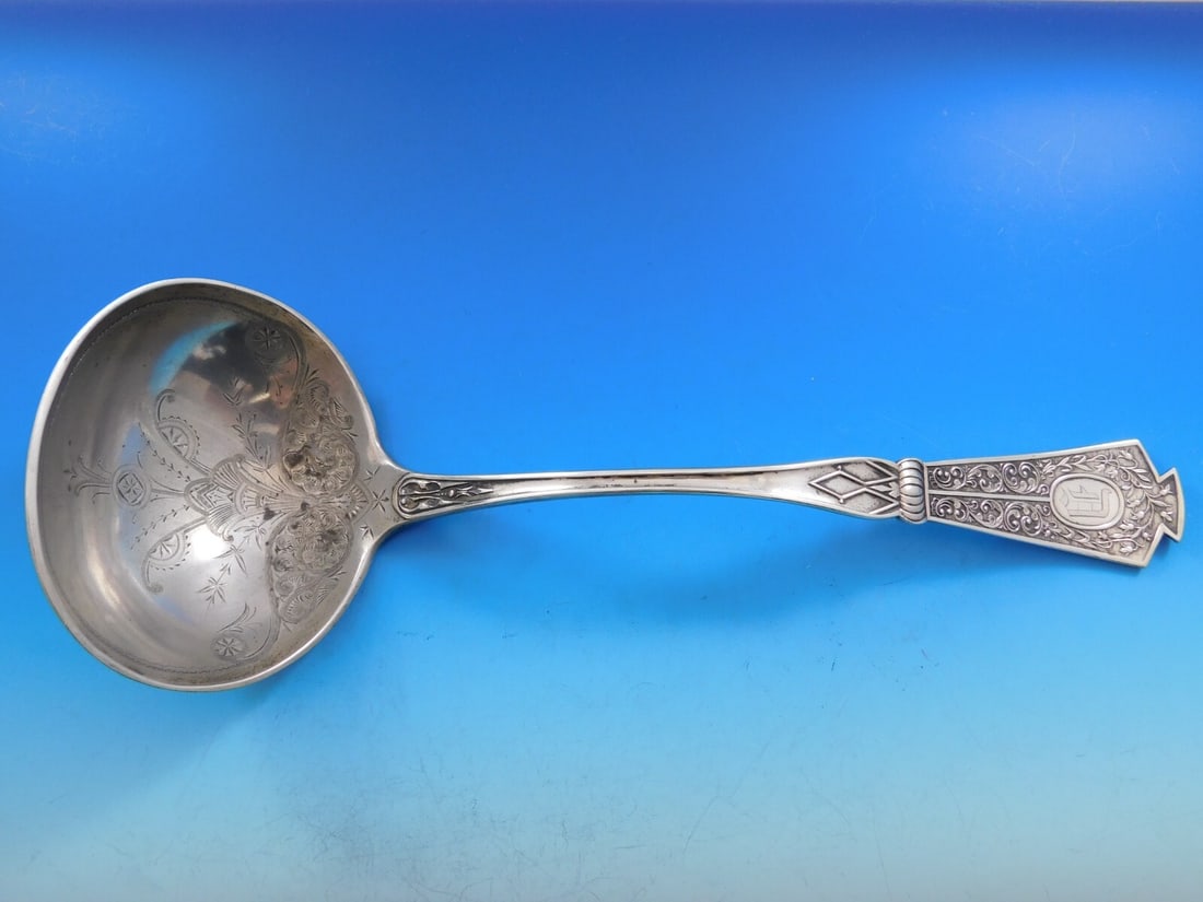 Seymour Duchess Sterling Silver Soup Ladle Bright-Cut 12 inch: Seymour Duchess Sterling Silver Soup Ladle Bright-Cut 12 inch Elevate your dining experience with this exquisite Duchess soup ladle crafted by Seymour. Made from high-quality sterling silver, this lad