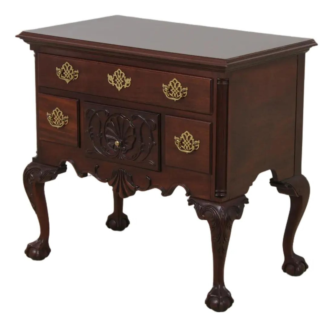 Mahogany Lowboy with Ball and Claw Feet Chippendale Style Brass Hardware: Mahogany Lowboy with Ball and Claw Feet Chippendale Style Brass Hardware This Chippendale style lowboy features classic 18th-century design elements, including ball and claw feet, dovetailed drawer co