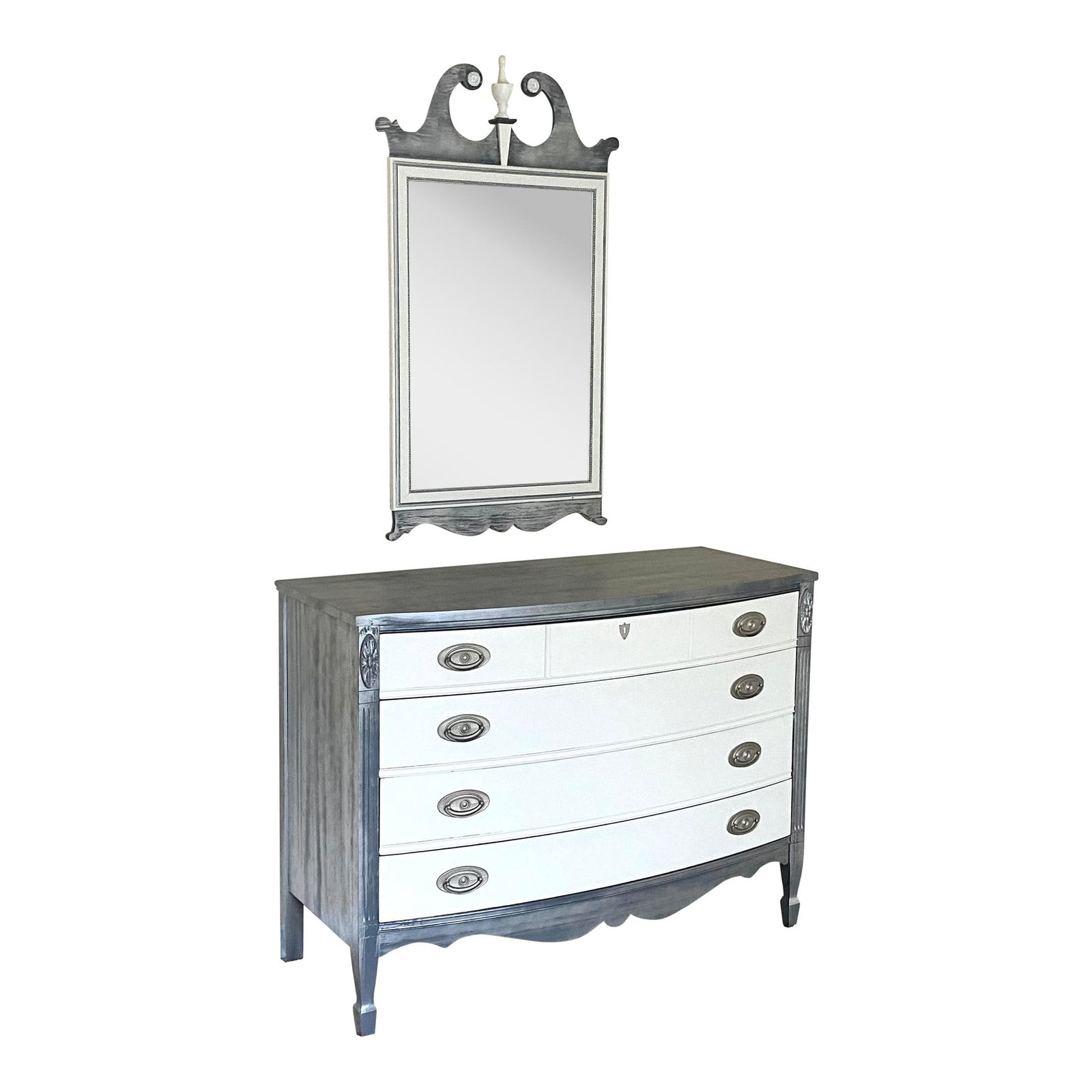 Stylish White and Grey Dresser with Mirror: Stylish White and Grey Dresser with Mirror This elegant white and grey dresser with a matching mirror features a stylish painted finish in a metallic hue. The piece exhibits minor paint wear, reflecti