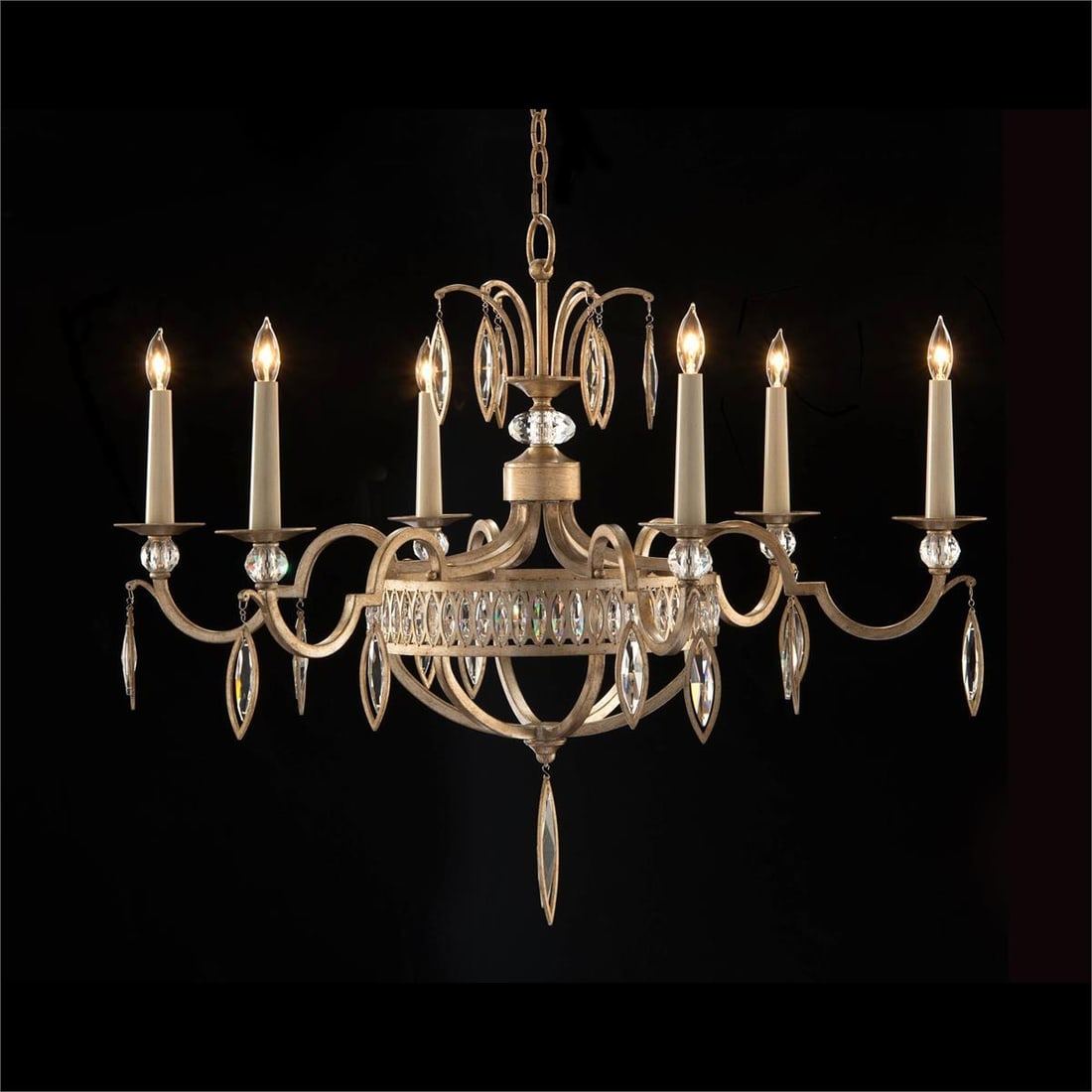 John-Richard Regency Style Six-Light Crystal Chandelier Silver Leaf: John-Richard Regency Style Six-Light Crystal Chandelier Silver Leaf Illuminate your space with this elegant six-light vintage style crystal chandelier, designed to bring a touch of regency charm to an