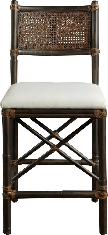 Port Eliot Rattan Counter Stool with Cane Back Espresso Finish: Port Eliot Rattan Counter Stool with Cane Back Espresso Finish Elevate your dining or kitchen space with this stylish counter stool, featuring an elegant cane back and a comfortable leather-wrapped ra