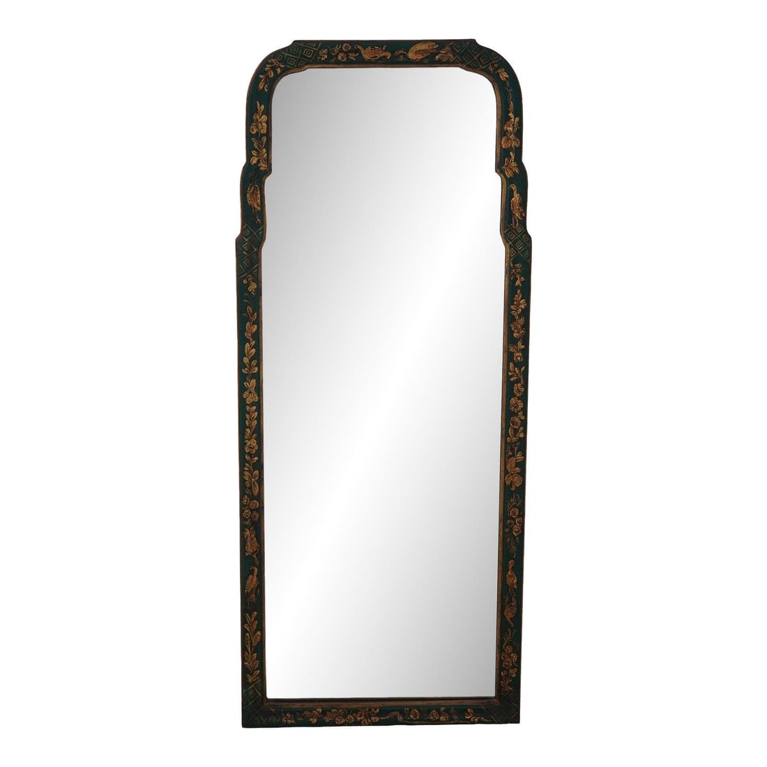 Friedman Brothers Chinoiserie Wall Mirror Green Lacquer C.1930s: Friedman Brothers Chinoiserie Wall Mirror Green Lacquer C.1930s This stunning vintage Colonial Williamsburg Chinoiserie wall mirror, attributed to Friedman Brothers, showcases exquisite craftsmanship 