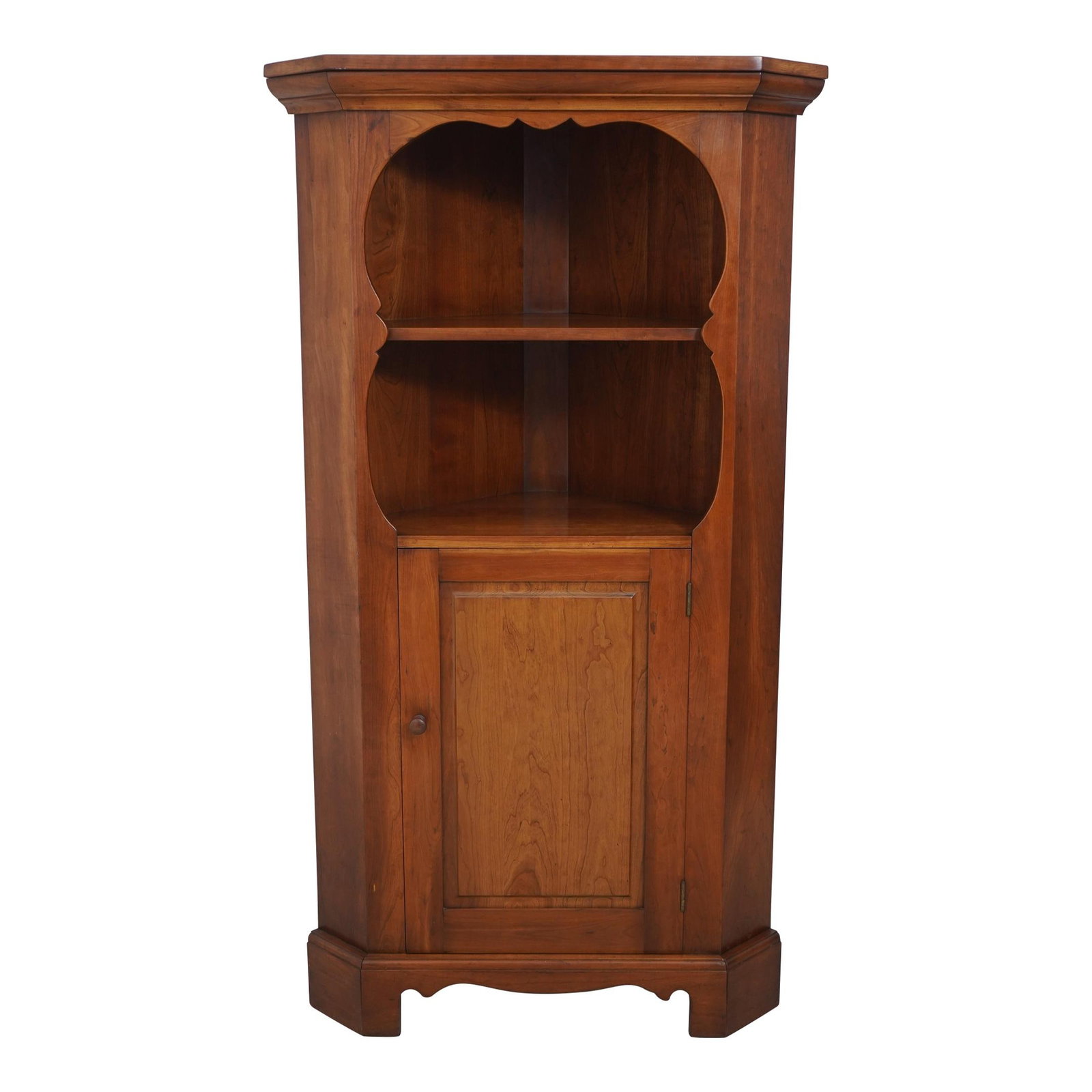 Stickley Cherry Wood Raised Panel Corner Cabinet 40 Years Old: Stickley Cherry Wood Raised Panel Corner Cabinet 40 Years Old This Stickley Raised Panel Door Open Corner Cabinet showcases a timeless design crafted from solid cherry wood, featuring factory distress